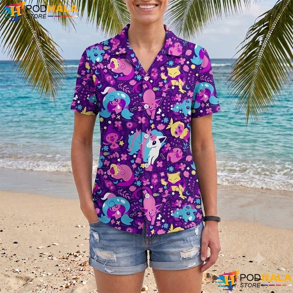 Espeon Slowpoke Aloha Shirt Cute Purple Tropical Beach Outfit Top Espeon Slowpoke Aloha Shirt Cute Purple Tropical Beach Outfit Top