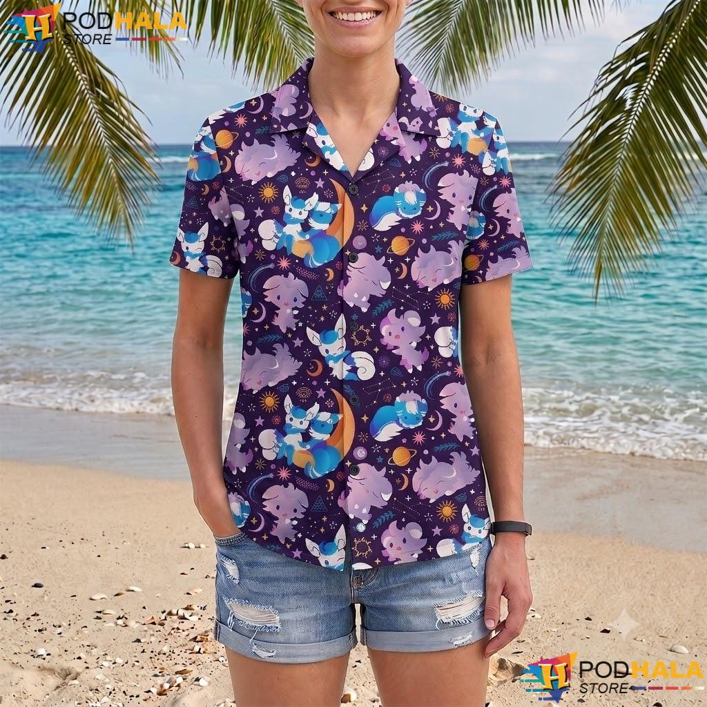Espurr Meowstic Short-sleeve button-up shirt Cute Cosmic Pattern Summer Beach Outfit Espurr Meowstic Short-sleeve button-up shirt Cute Cosmic Pattern Summer Beach Outfit