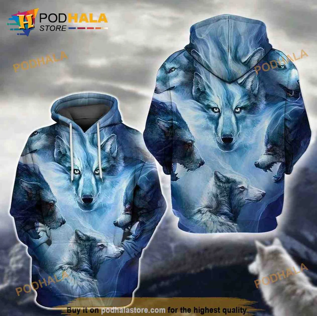 Ethereal Wolf Lover 3d Hoodie With Majestic Blue Eyes And Misty Background