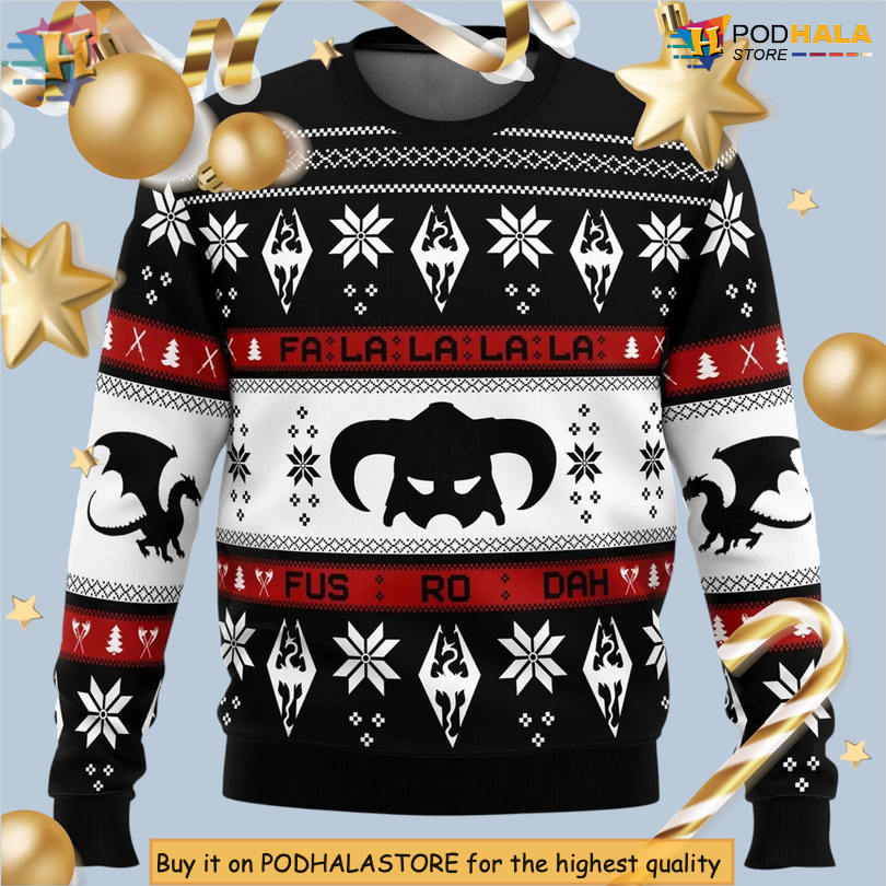 Fa La La Fus Ro Dah Skyrim Gamer Quote Scene Dragon Shout 3D Holiday Christmas Sweater Fa La La Fus Ro Dah Skyrim Gamer Quote Scene Dragon Shout 3D Holiday Christmas Sweater