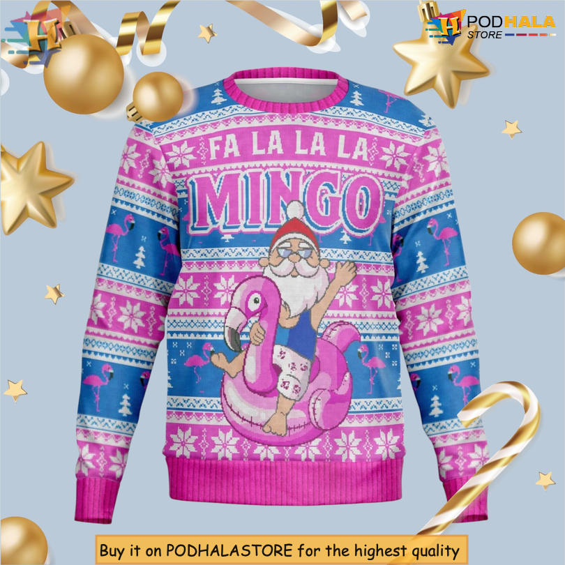 Fa La La La Mingo Santa Flamingo Scene Bright Pattern Tropical Xmas Sweater