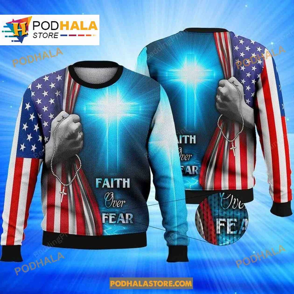 Faith Over Fear 3d Hoodie With Glowing Cross And Patriotic Sleeves