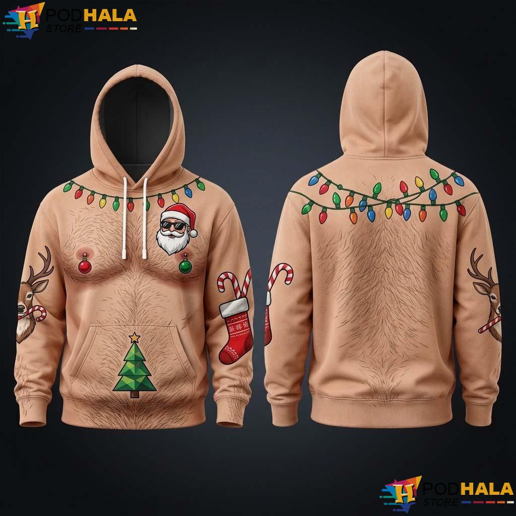 Fake Abs Christmas 3D Hoodie Funny Hairy Body Ugly Costume Gag Gift