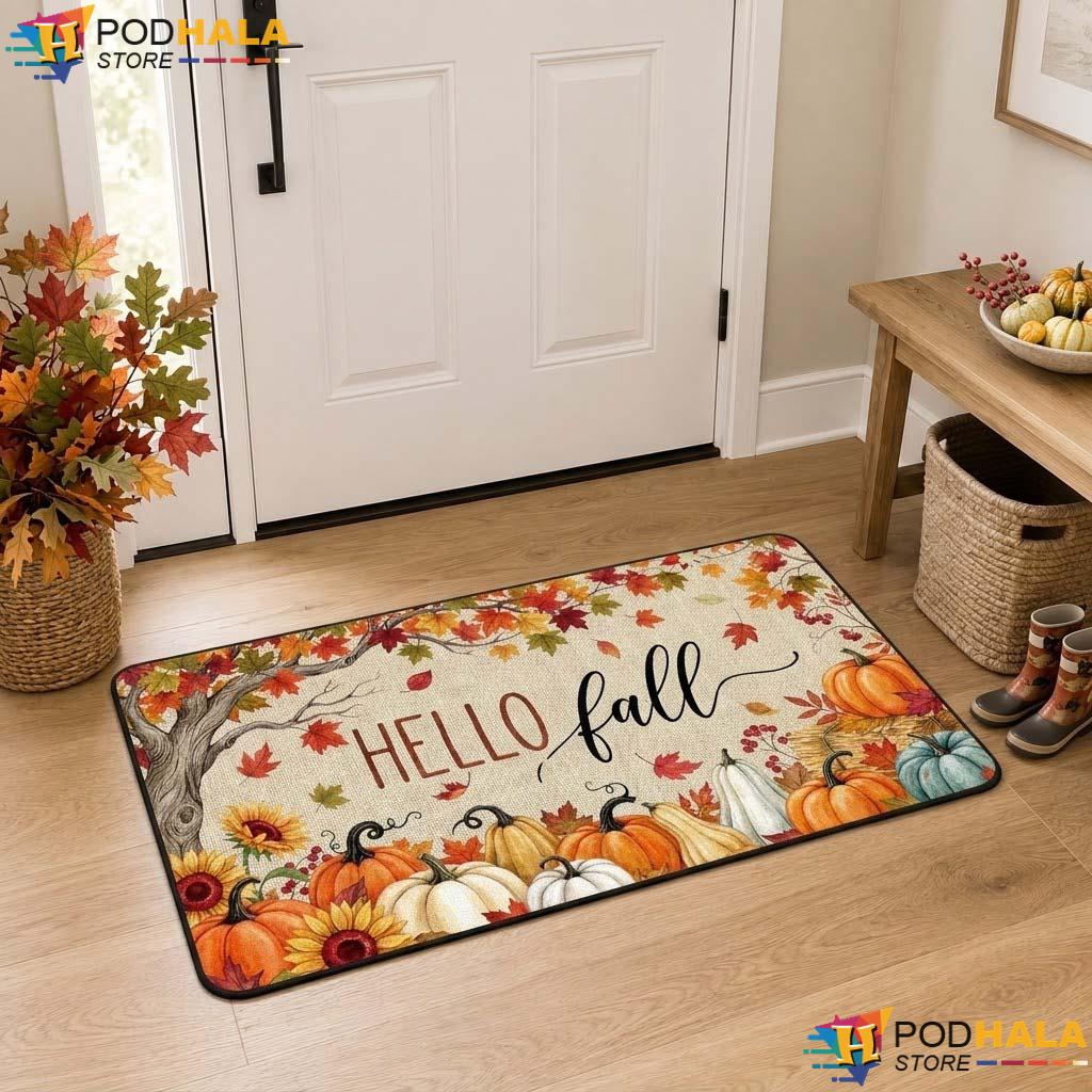 Fall Sunflower Welcome Doormat Cute Pumpkin Inviting Autumn Entry Rug Decor