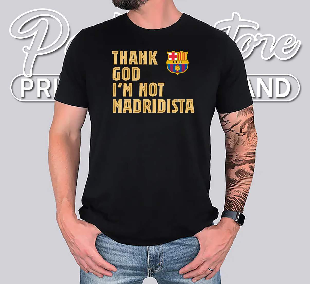 FC Barcelona Thank God Im Not Shirt Madridista Soccer Sports Fan Graphic Art