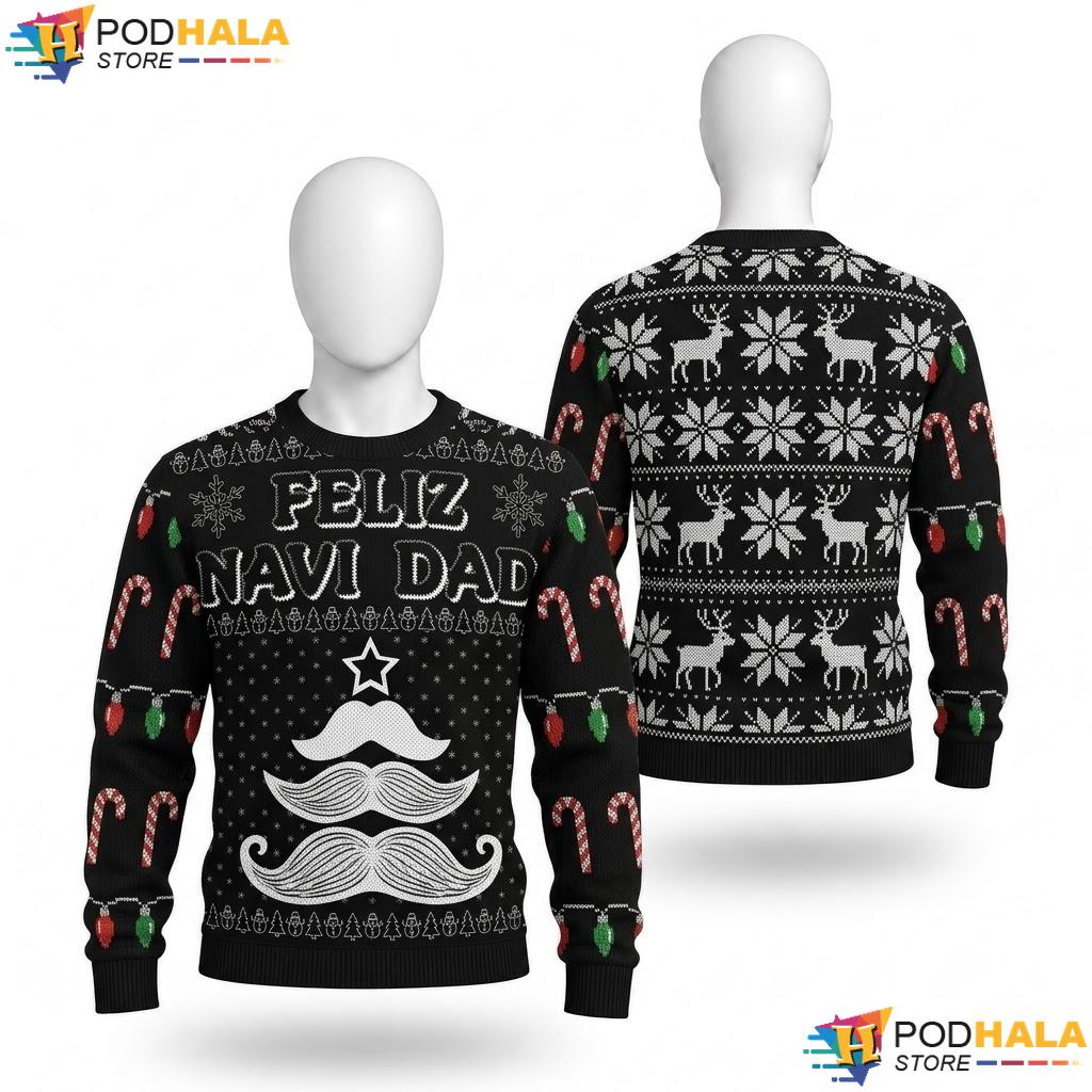 Feliz Navi Dad Joke Christmas Sweater Mustache Tree Pun Holiday Top