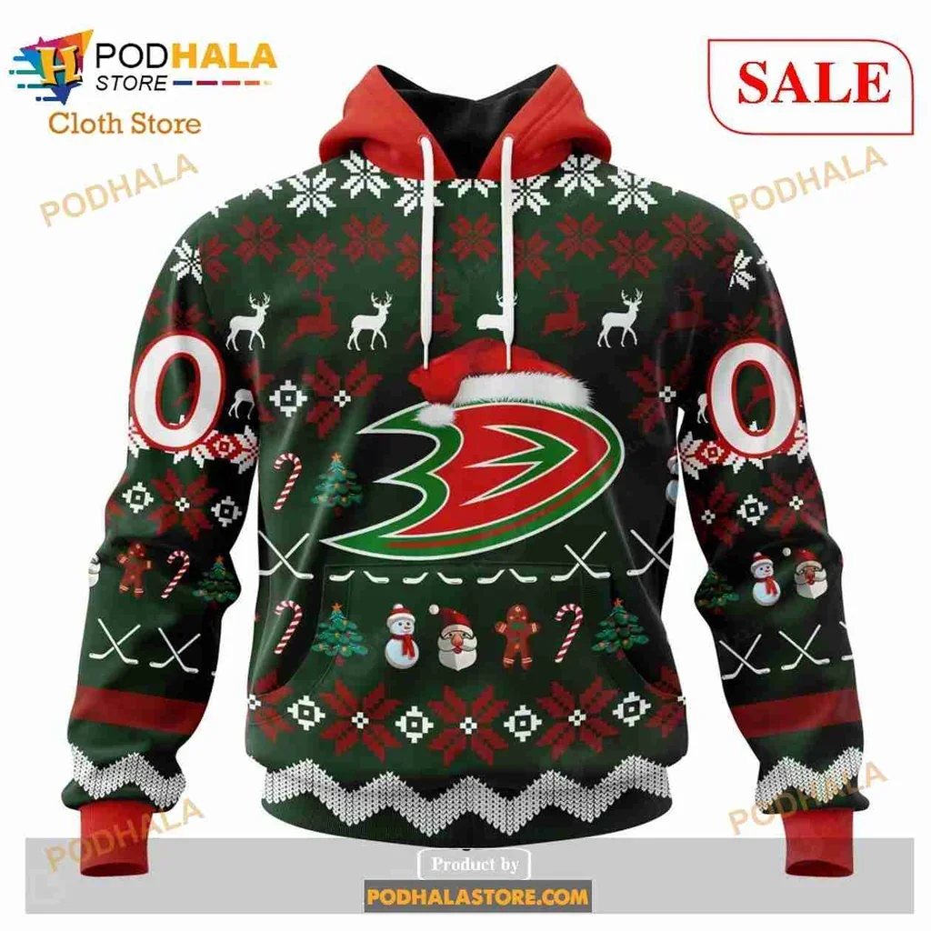 Festive Anaheim Ducks Hoodie With Santa Hat And Holiday Design