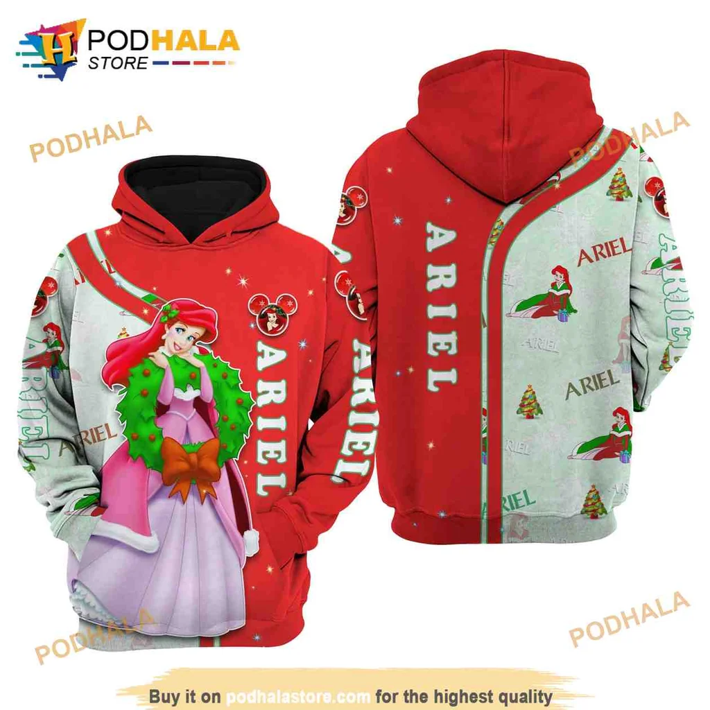 Festive Ariel Christmas 3d Hoodie Featuring Wreath And Holiday Ornaments