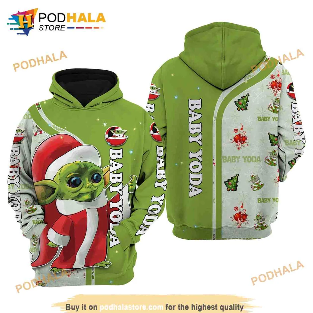 Festive Baby Yoda Green 3d Hoodie With Santa Claus Illustration