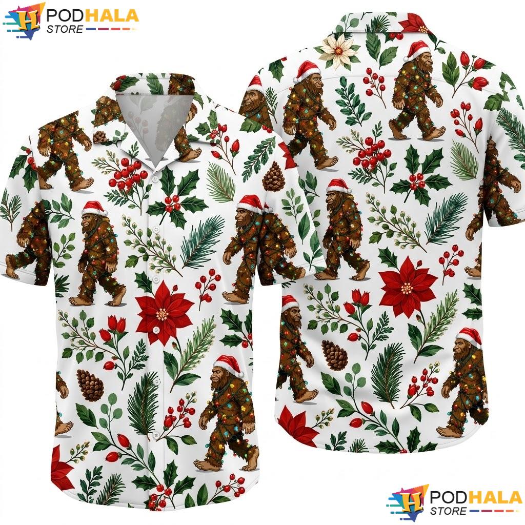Festive Bigfoot Christmas Hawaiian Shirt Humorous Mens Holiday Apparel