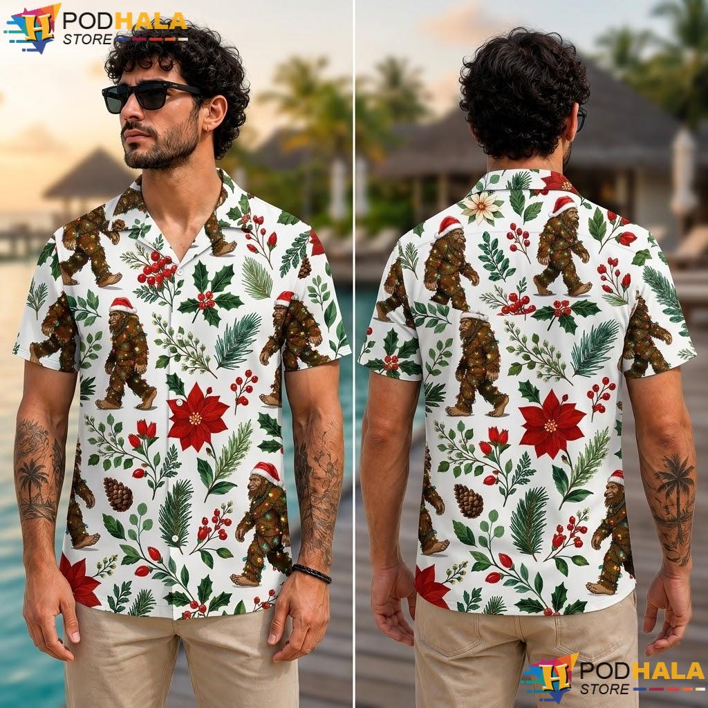 Festive Bigfoot Christmas Aloha Shirt Humorous Mens Holiday Apparel Festive Bigfoot Christmas Aloha Shirt Humorous Mens Holiday Apparel