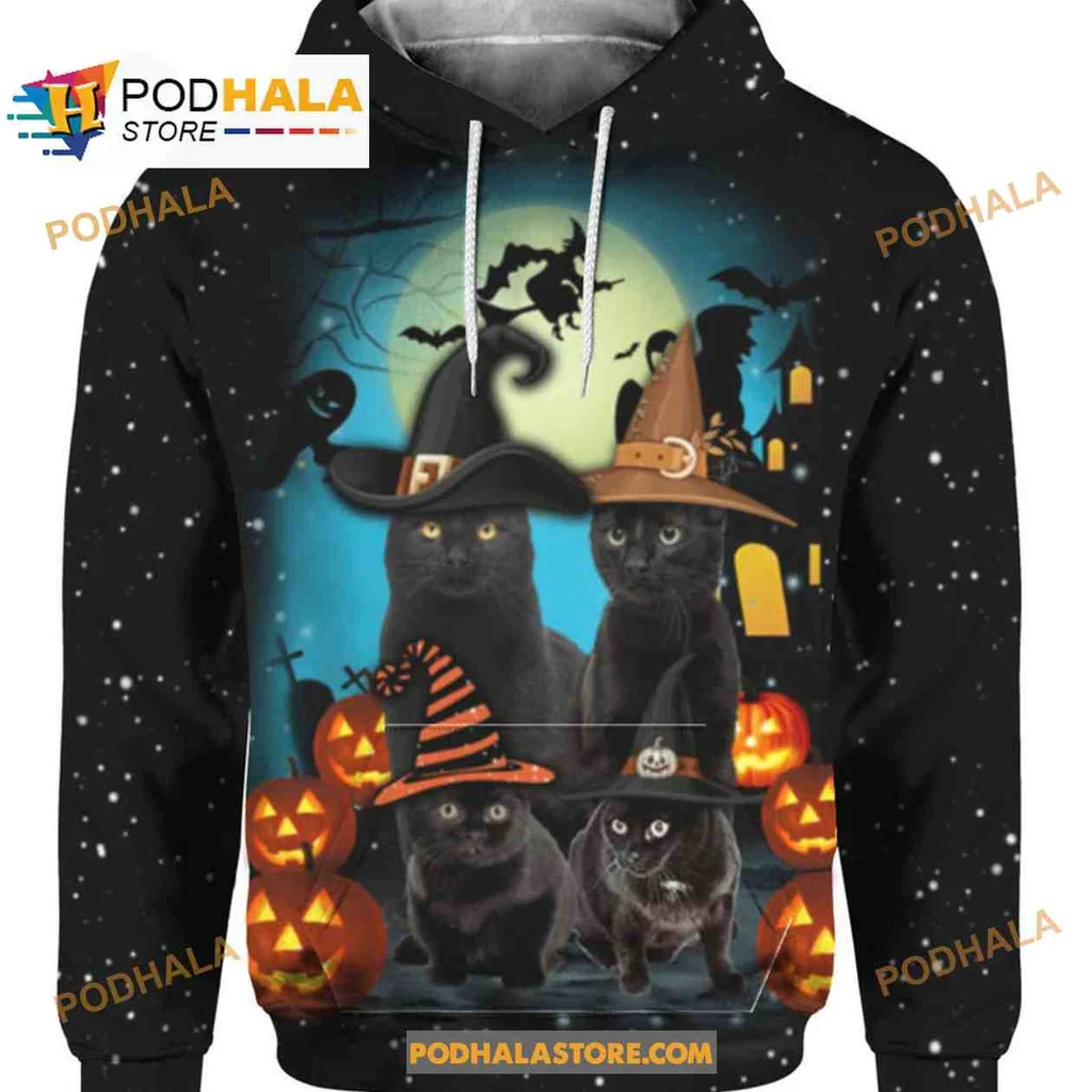 Festive Black Cat Halloween 3d Hoodie With Whimsical Costumed Cats And Pumpkins