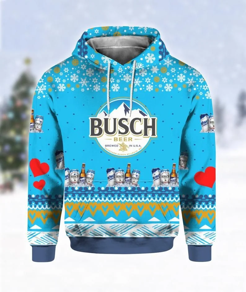 Festive Busch Beer 3d Hoodie With Snowflakes And Beer Can Design