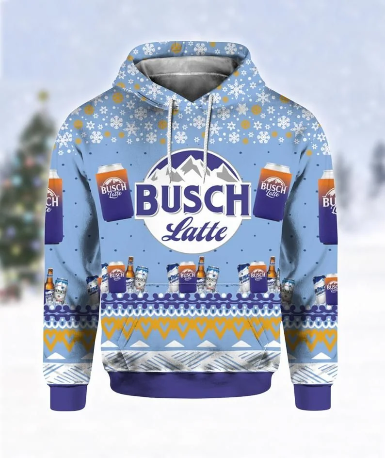 Festive Busch Latte Beer 3d Hoodie With Snowflakes And Mountains