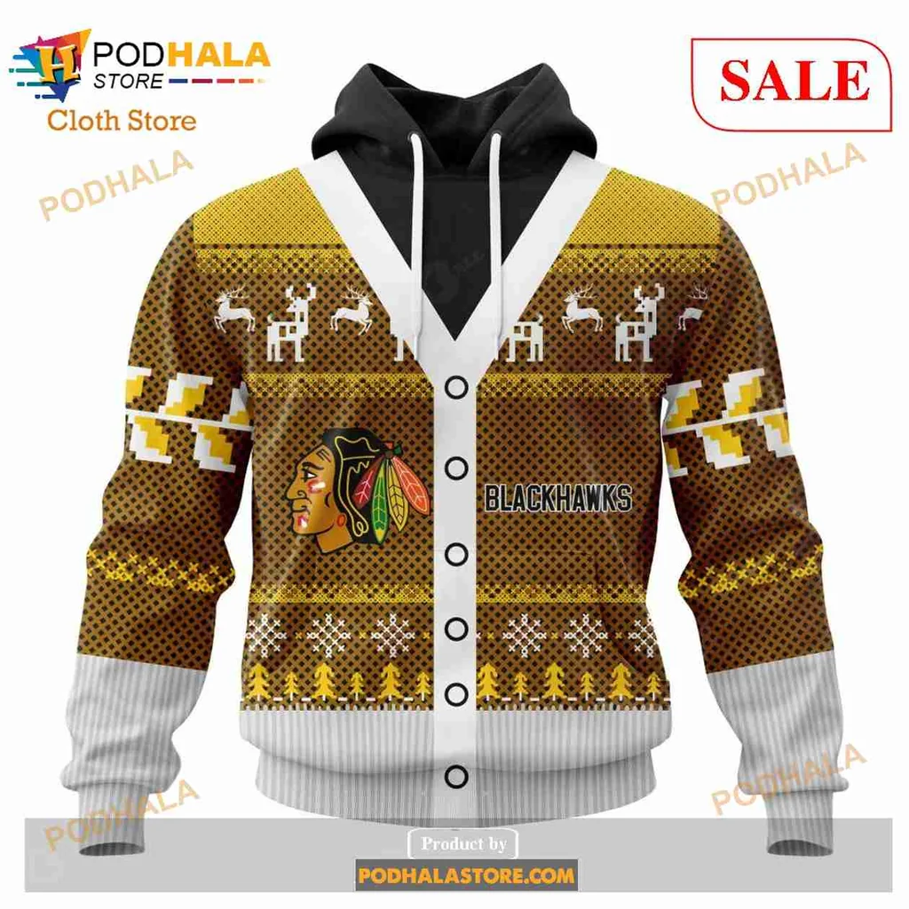 Festive Chicago Blackhawks 3d Hoodie With Christmas Reindeer And Snowflakes
