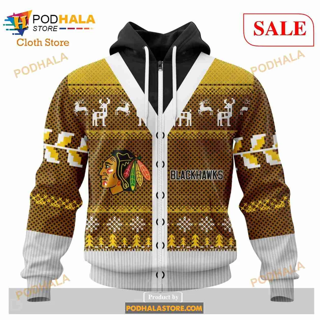 Festive Chicago Blackhawks All Over Print Hoodie With Christmas Reindeer And Snowflakes Festive Chicago Blackhawks All Over Print Hoodie With Christmas Reindeer And Snowflakes