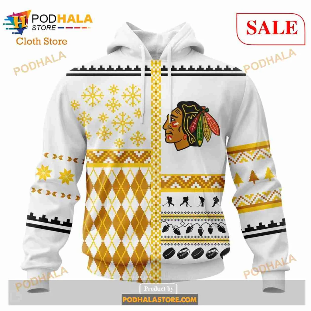 Festive Chicago Blackhawks 3d Hoodie With Geometric Patterns And Snowflakes