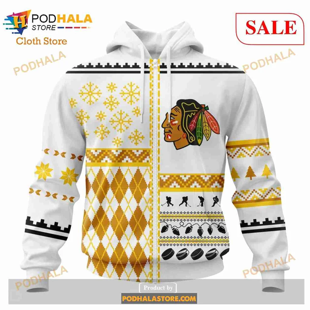 Festive Chicago Blackhawks All Over Print Hoodie With Geometric Patterns And Snowflakes Festive Chicago Blackhawks All Over Print Hoodie With Geometric Patterns And Snowflakes