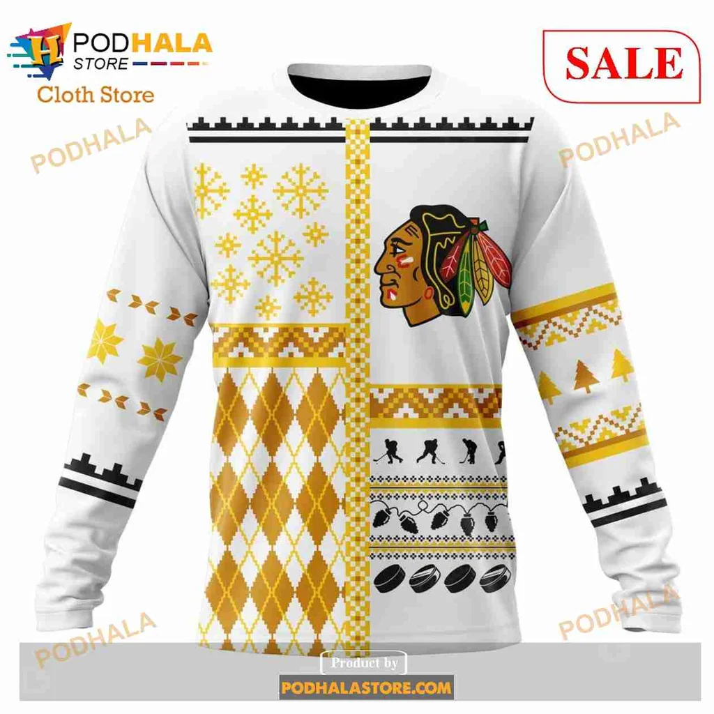 Festive Chicago Blackhawks 3D Print Hoodie With Geometric Patterns And Snowflakes Festive Chicago Blackhawks 3D Print Hoodie With Geometric Patterns And Snowflakes