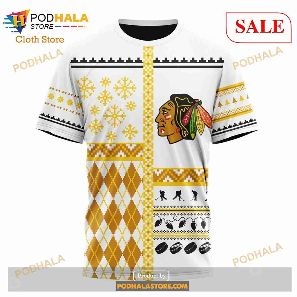Festive Chicago Blackhawks 3d Hoodie With Geometric Patterns And Snowflakes - Product View 6 Festive Chicago Blackhawks 3d Hoodie With Geometric Patterns And Snowflakes - Product View 6