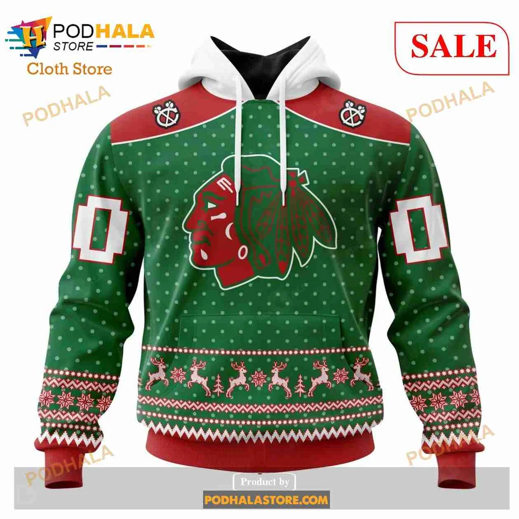 Festive Chicago Blackhawks 3d Hoodie With Holiday Reindeer And Snowflakes