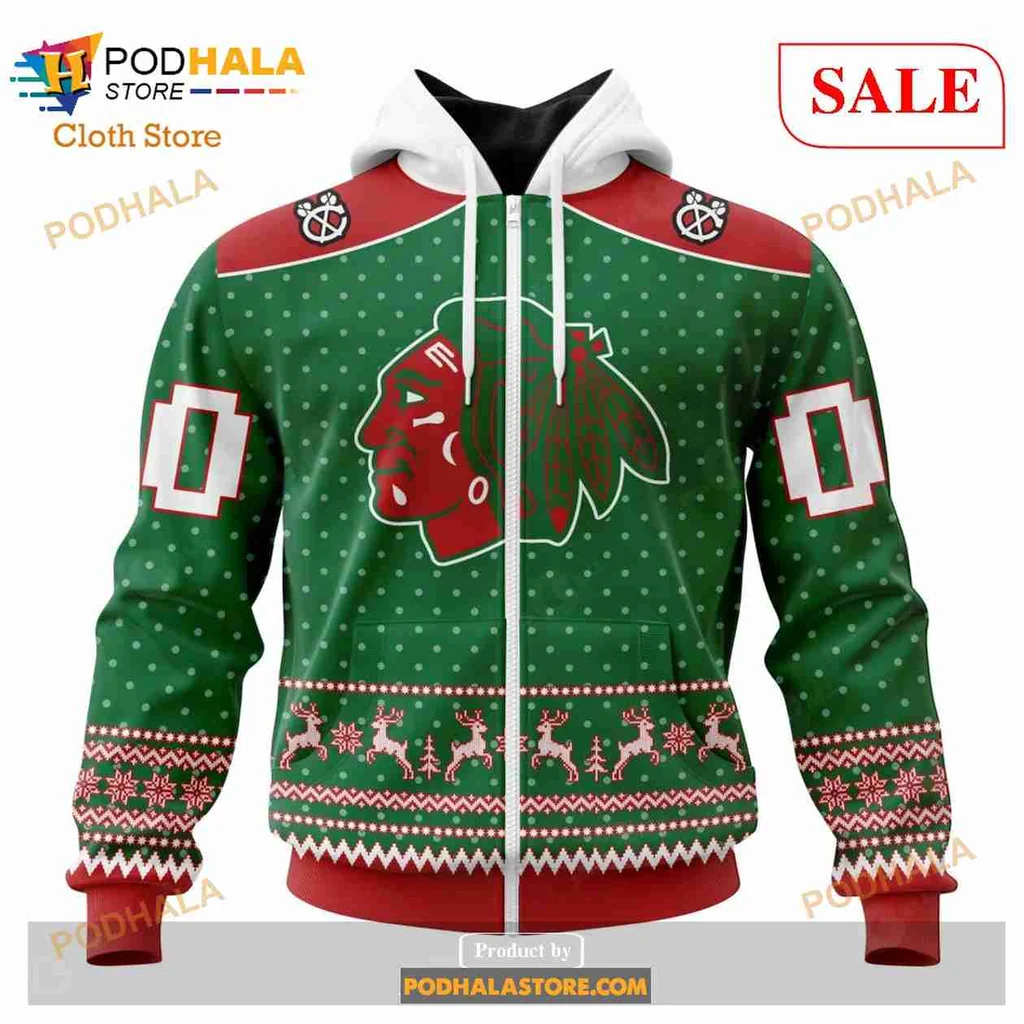 Festive Chicago Blackhawks All Over Print Hoodie With Holiday Reindeer And Snowflakes Festive Chicago Blackhawks All Over Print Hoodie With Holiday Reindeer And Snowflakes