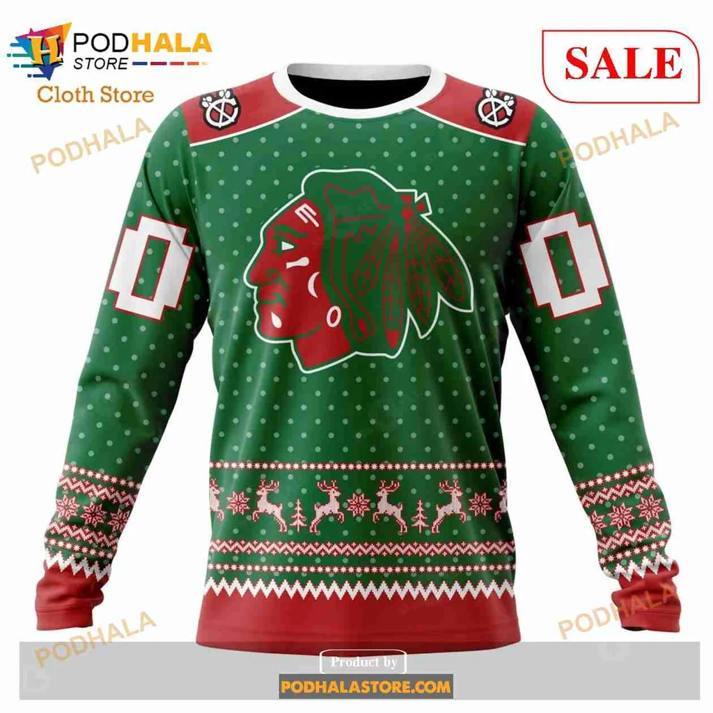Festive Chicago Blackhawks 3D Print Hoodie With Holiday Reindeer And Snowflakes Festive Chicago Blackhawks 3D Print Hoodie With Holiday Reindeer And Snowflakes