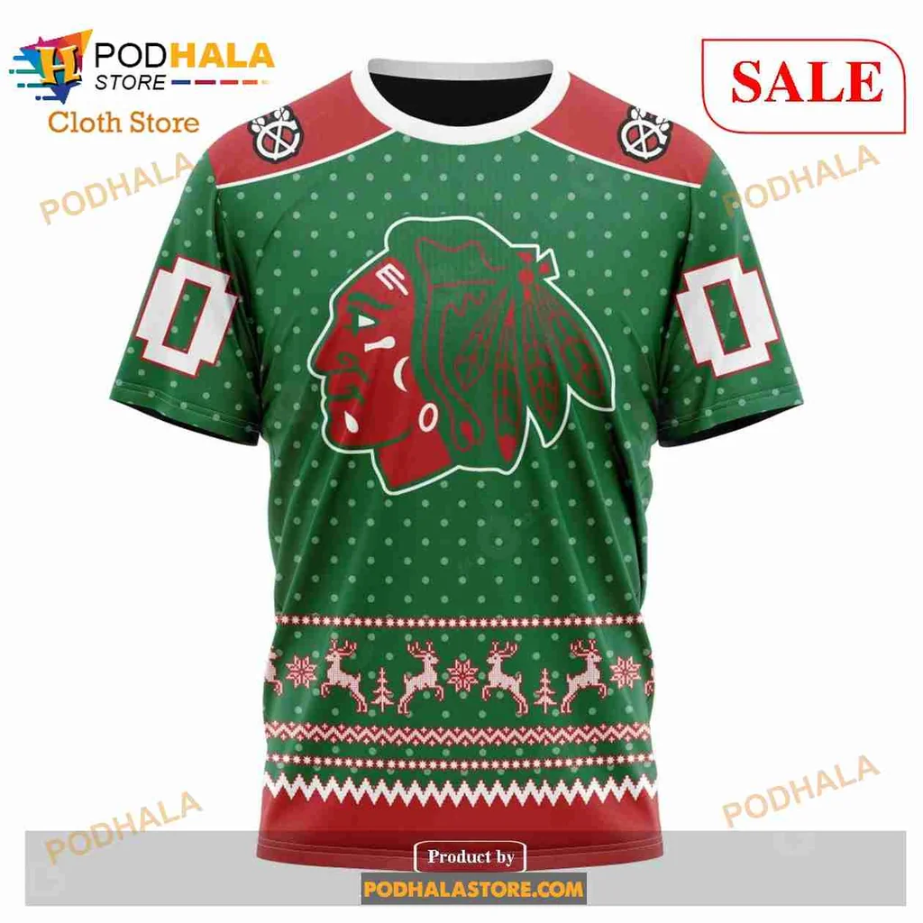 Festive Chicago Blackhawks 3d Hoodie With Holiday Reindeer And Snowflakes - Product View 6 Festive Chicago Blackhawks 3d Hoodie With Holiday Reindeer And Snowflakes - Product View 6