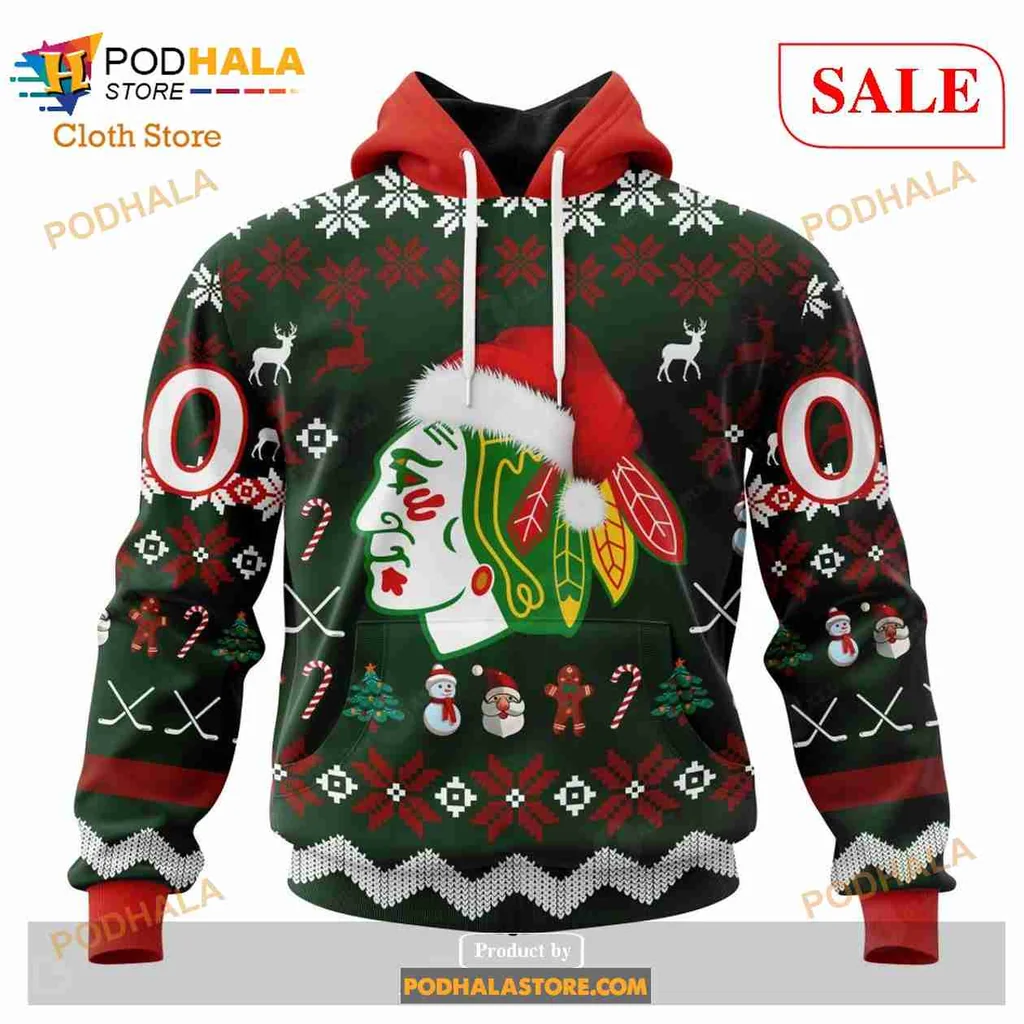 Festive Chicago Blackhawks Santa Hat Hoodie With Holiday Elements