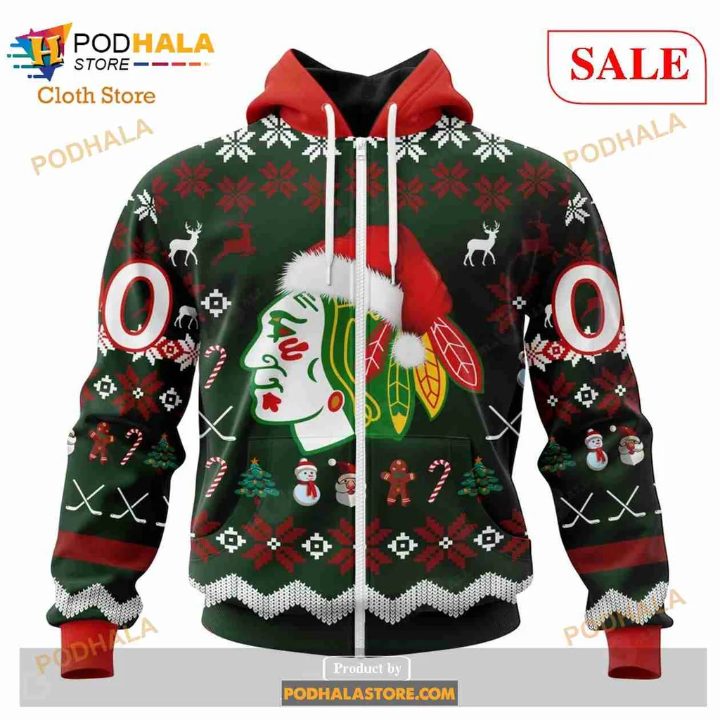 Festive Chicago Blackhawks Santa Hat Hoodie With Holiday Elements - View 1 Festive Chicago Blackhawks Santa Hat Hoodie With Holiday Elements - View 1