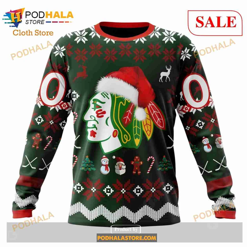 Festive Chicago Blackhawks Santa Hat Hoodie With Holiday Elements - View 3 Festive Chicago Blackhawks Santa Hat Hoodie With Holiday Elements - View 3