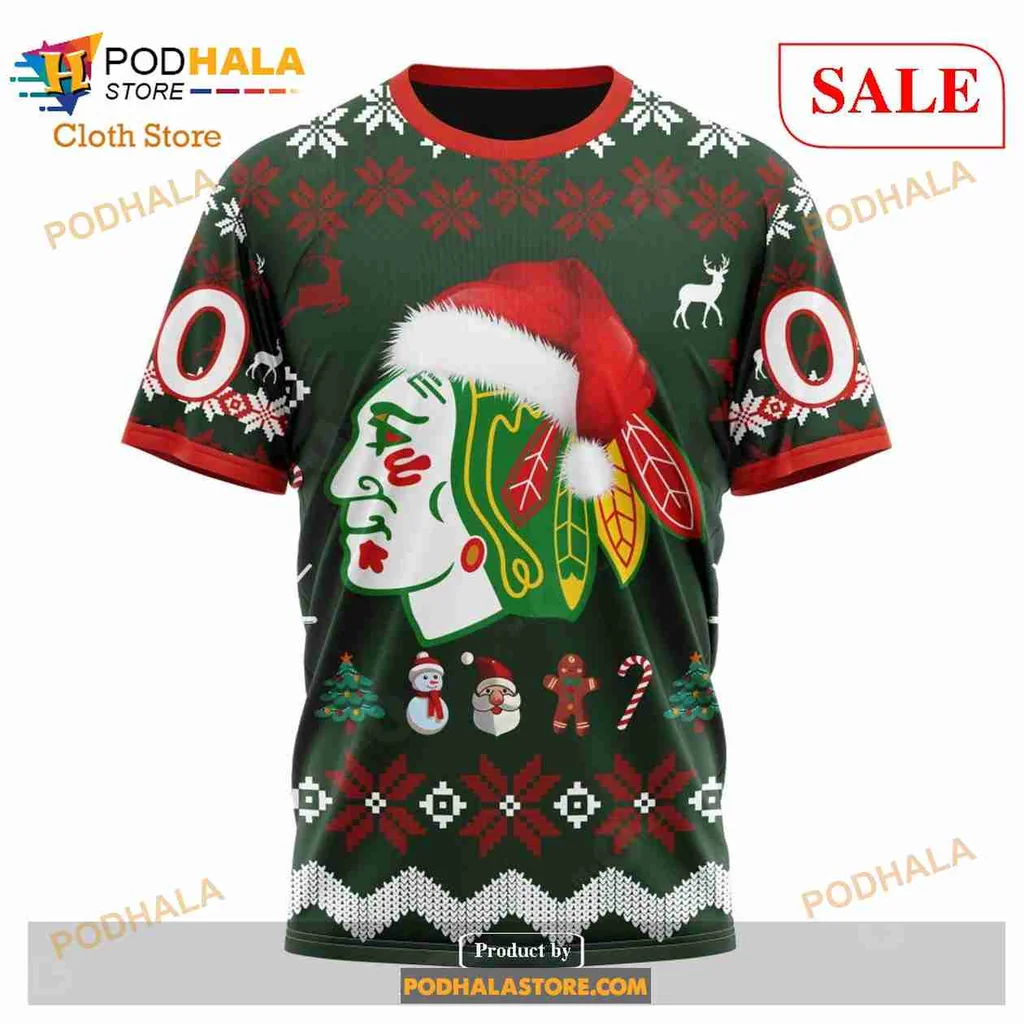 Festive Chicago Blackhawks Santa Hat Hoodie With Holiday Elements - Product View 6 Festive Chicago Blackhawks Santa Hat Hoodie With Holiday Elements - Product View 6