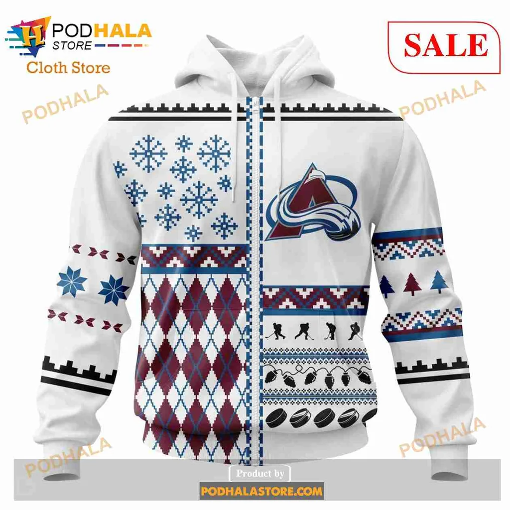 Festive Colorado Avalanche All Over Print Hoodie Featuring Holiday Patterns And Logo Festive Colorado Avalanche All Over Print Hoodie Featuring Holiday Patterns And Logo