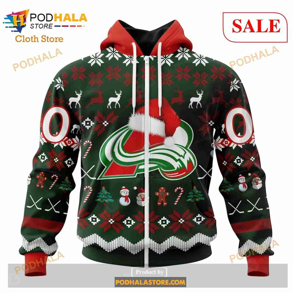 Festive Colorado Avalanche Hoodie With Santa Hat And Christmas Design - View 1 Festive Colorado Avalanche Hoodie With Santa Hat And Christmas Design - View 1