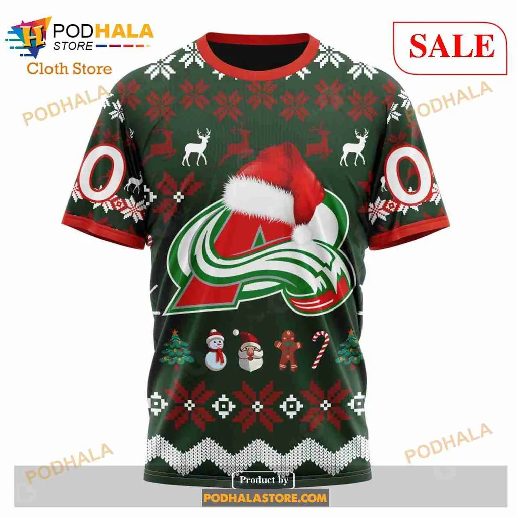 Festive Colorado Avalanche Hoodie With Santa Hat And Christmas Design - Product View 6 Festive Colorado Avalanche Hoodie With Santa Hat And Christmas Design - Product View 6