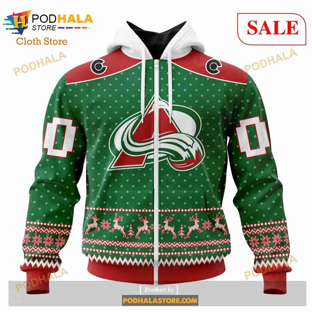 Festive Colorado Avalanche Hoodie With Snowflakes And Reindeer Design - View 1 Festive Colorado Avalanche Hoodie With Snowflakes And Reindeer Design - View 1