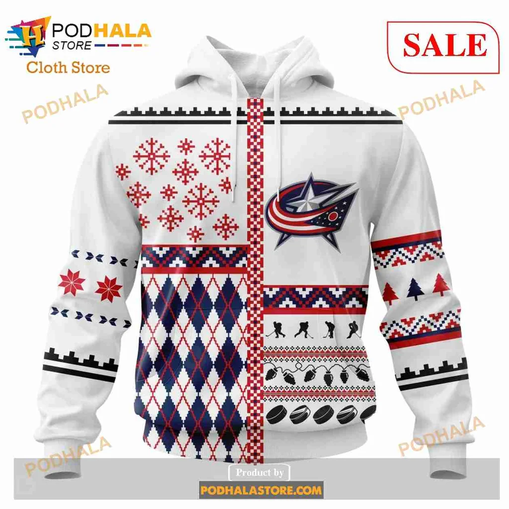 Festive Columbus Blue Jackets 3d Hoodie With Christmas Patterns And Logo