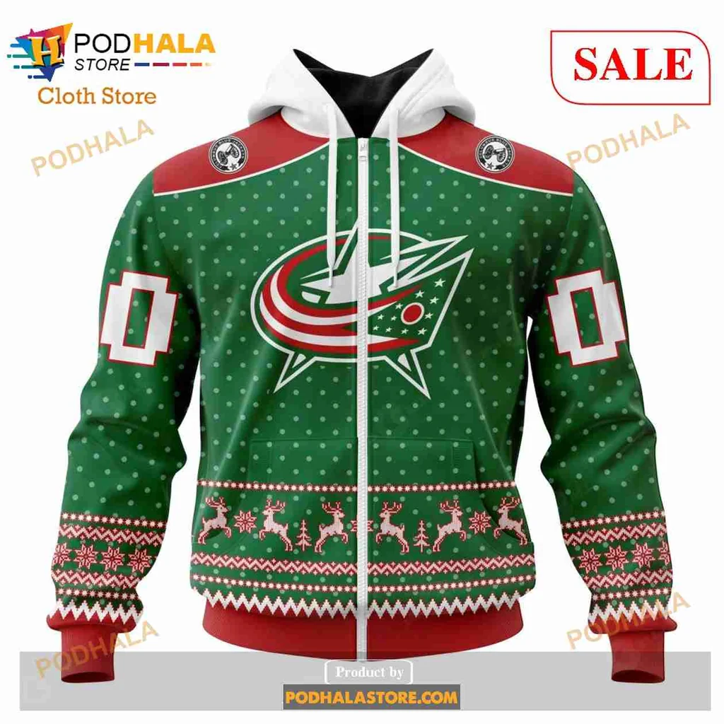 Festive Columbus Blue Jackets All Over Print Hoodie With Holiday Patterns And Logo Festive Columbus Blue Jackets All Over Print Hoodie With Holiday Patterns And Logo