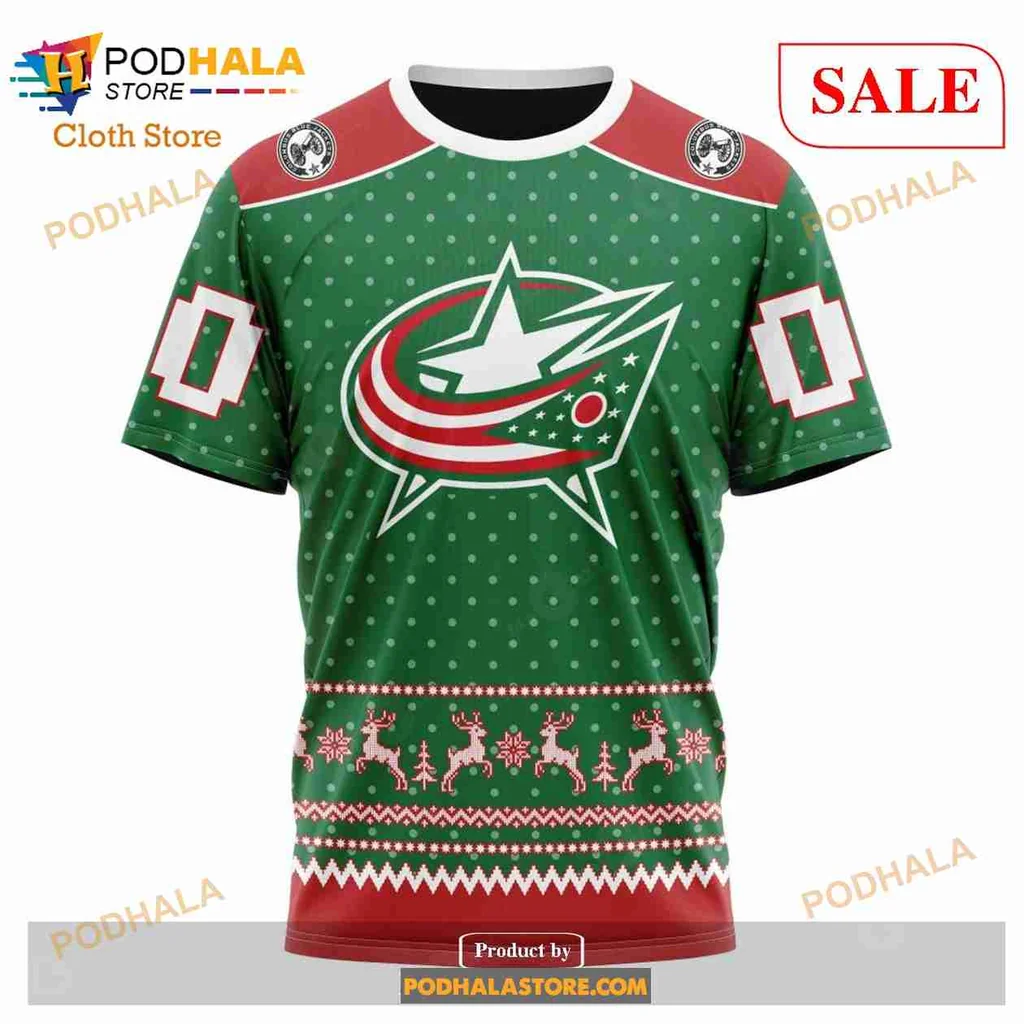 Festive Columbus Blue Jackets 3d Hoodie With Holiday Patterns And Logo - Product View 6 Festive Columbus Blue Jackets 3d Hoodie With Holiday Patterns And Logo - Product View 6