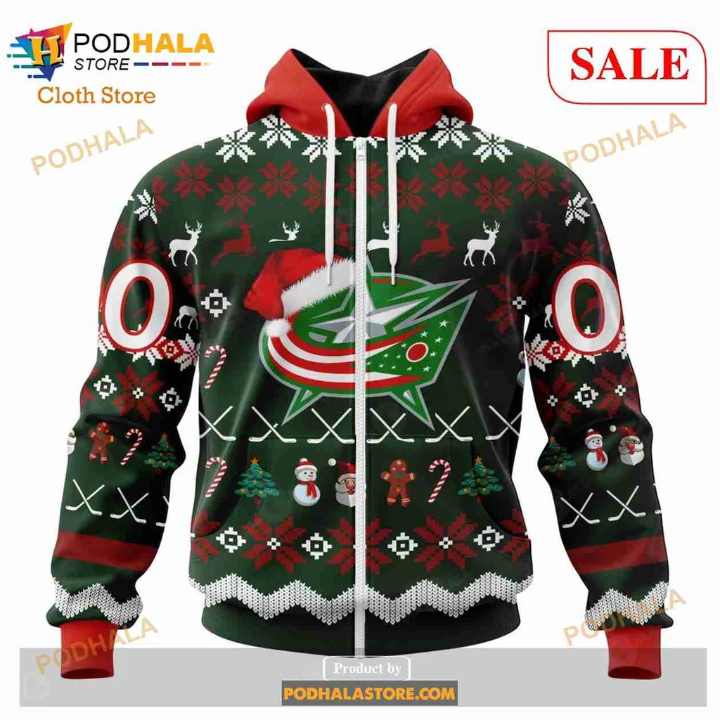 Festive Columbus Blue Jackets Hoodie With Holiday Elements And Team Logo - View 1 Festive Columbus Blue Jackets Hoodie With Holiday Elements And Team Logo - View 1