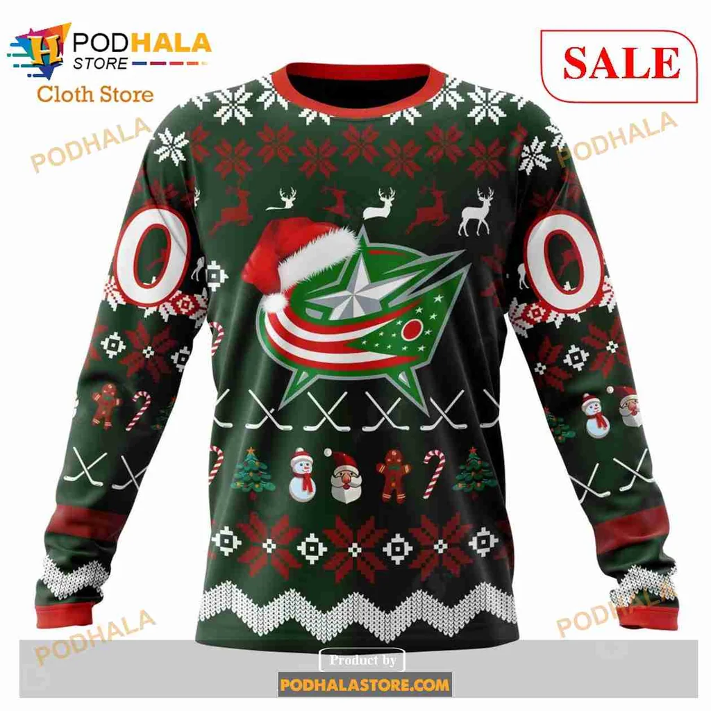 Festive Columbus Blue Jackets Hoodie With Holiday Elements And Team Logo - View 3 Festive Columbus Blue Jackets Hoodie With Holiday Elements And Team Logo - View 3