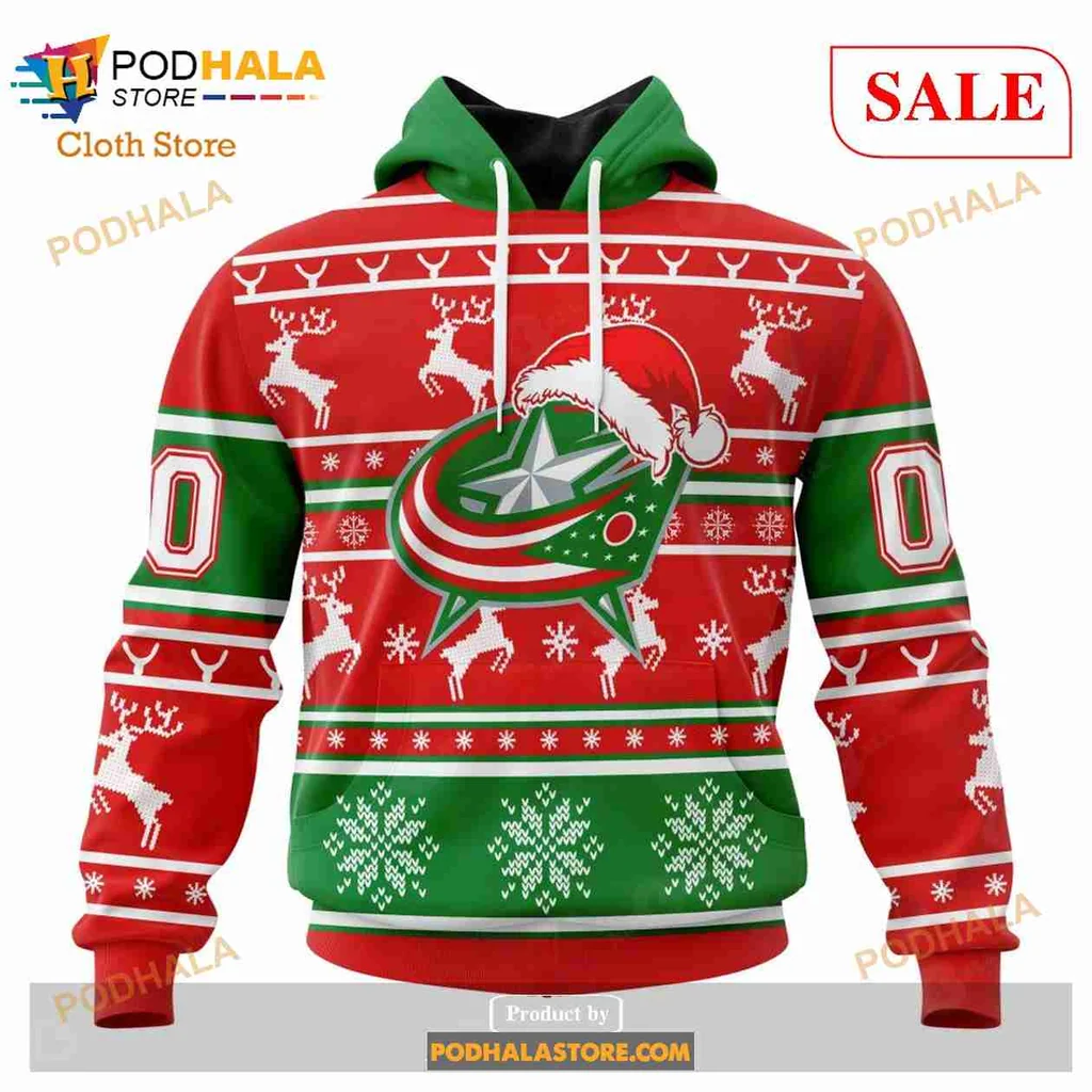 Festive Columbus Blue Jackets Hoodie With Santa Hat And Reindeer Design