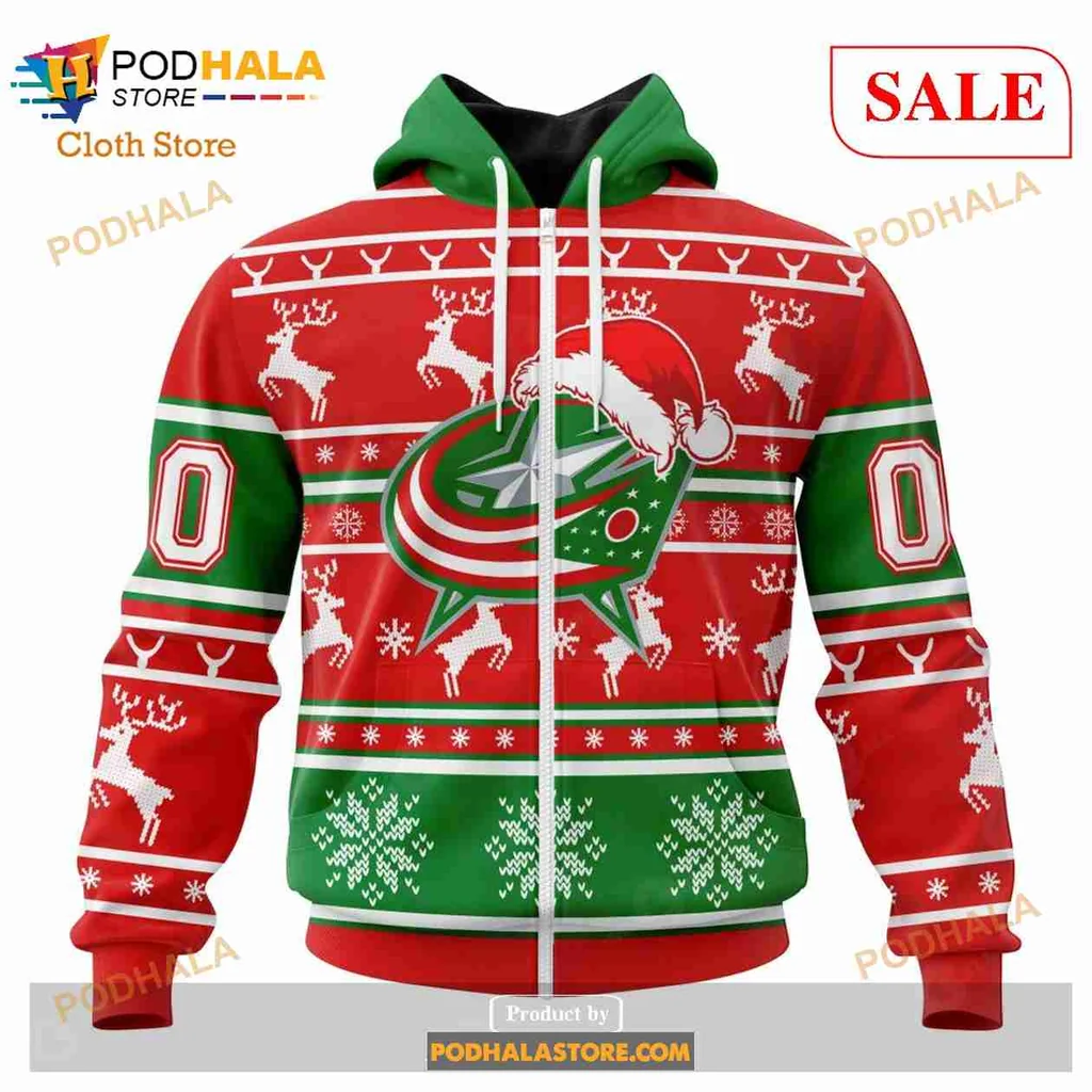 Festive Columbus Blue Jackets Hoodie With Santa Hat And Reindeer Design - View 1 Festive Columbus Blue Jackets Hoodie With Santa Hat And Reindeer Design - View 1