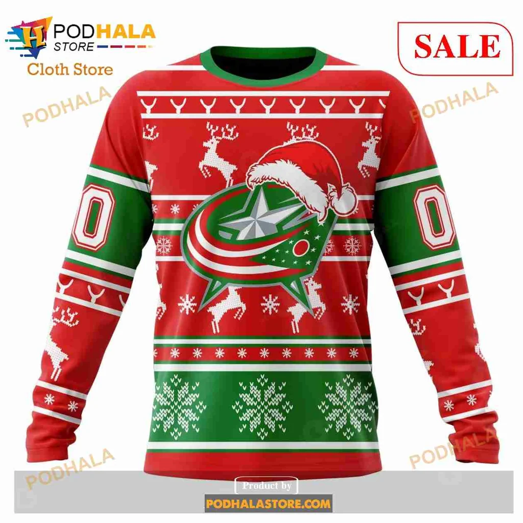 Festive Columbus Blue Jackets Hoodie With Santa Hat And Reindeer Design - View 3 Festive Columbus Blue Jackets Hoodie With Santa Hat And Reindeer Design - View 3