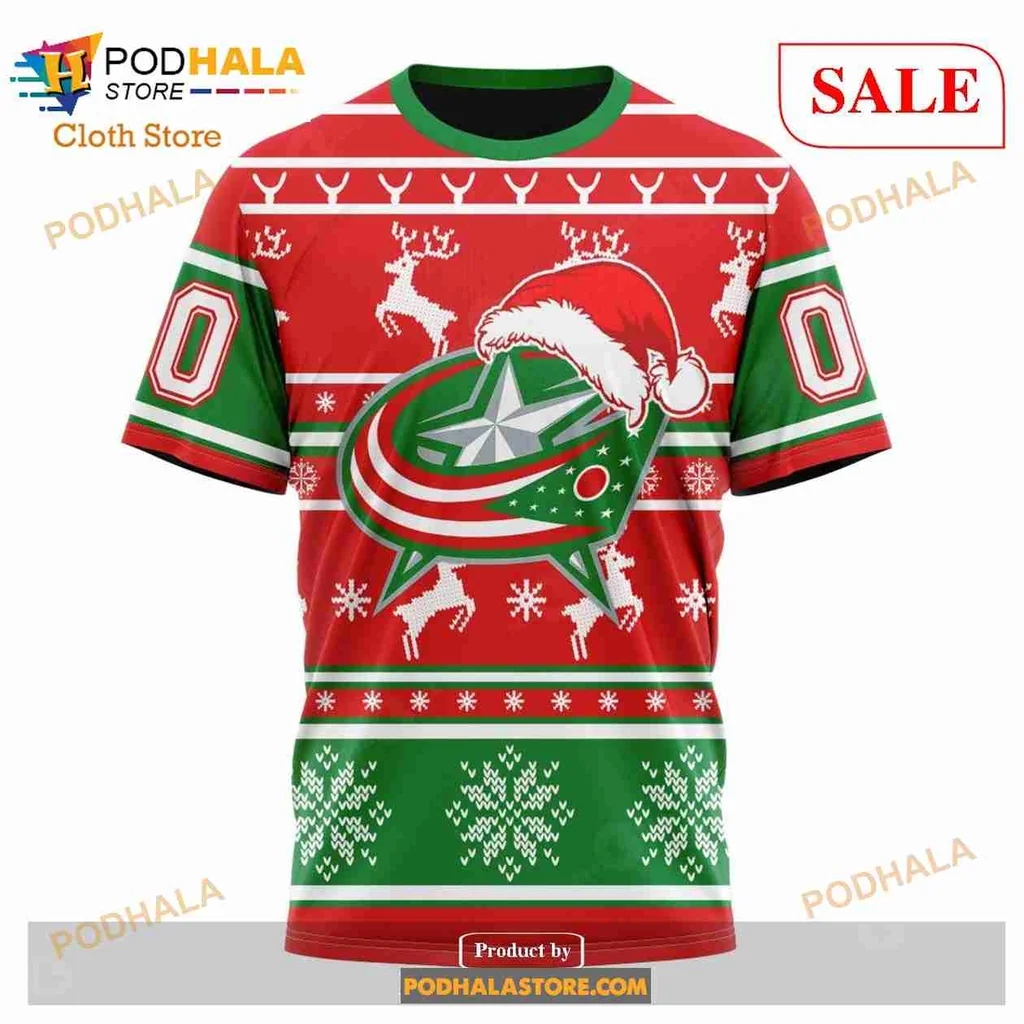 Festive Columbus Blue Jackets Hoodie With Santa Hat And Reindeer Design - Product View 6 Festive Columbus Blue Jackets Hoodie With Santa Hat And Reindeer Design - Product View 6