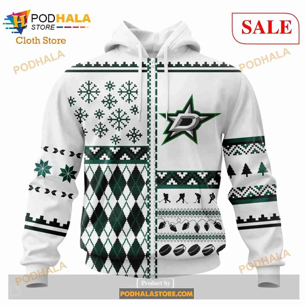 Festive Dallas Stars All Over Print Hoodie With Christmas Patterns And Logo Festive Dallas Stars All Over Print Hoodie With Christmas Patterns And Logo