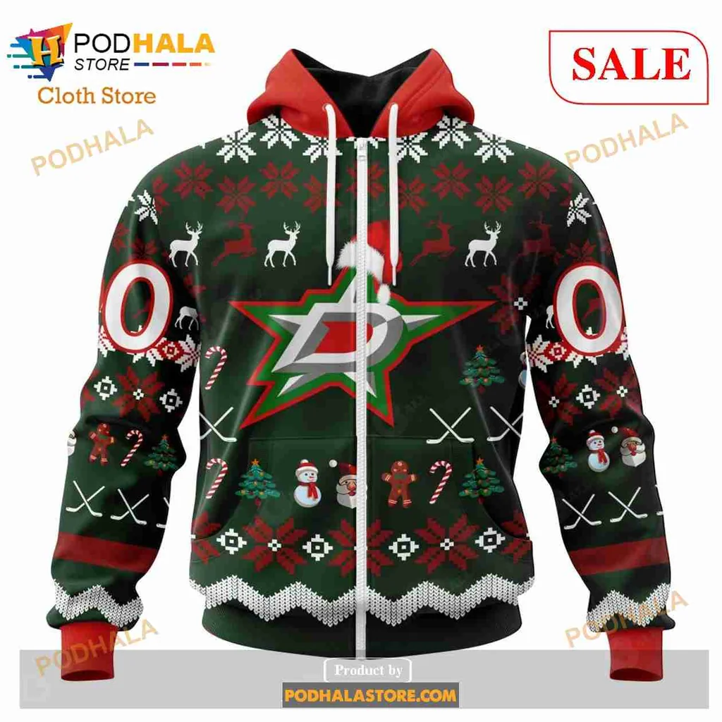 Festive Dallas Stars All Over Print Hoodie With Holiday Decorations For Fans Festive Dallas Stars All Over Print Hoodie With Holiday Decorations For Fans