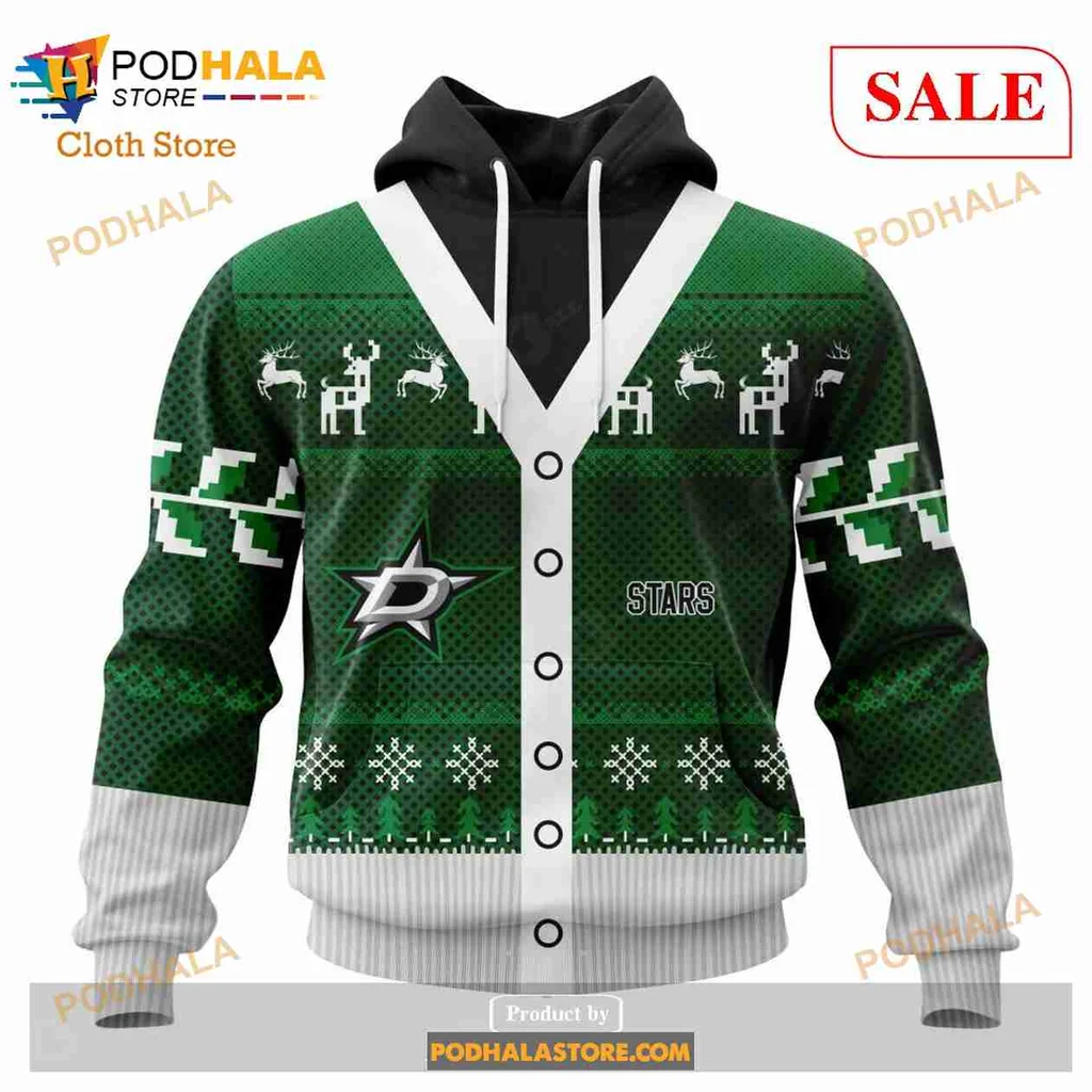 Festive Dallas Stars Christmas Hoodie With Reindeer And Snowflakes