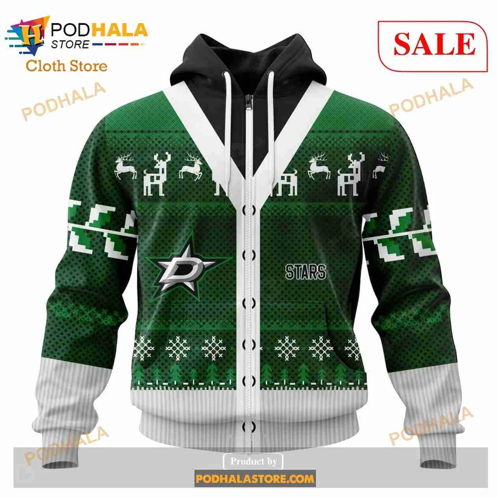 Festive Dallas Stars Christmas Hoodie With Reindeer And Snowflakes - View 1 Festive Dallas Stars Christmas Hoodie With Reindeer And Snowflakes - View 1