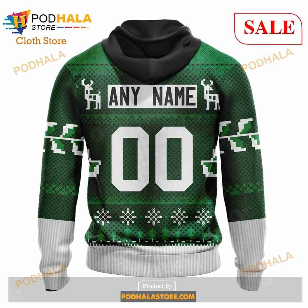 Festive Dallas Stars Christmas Hoodie With Reindeer And Snowflakes - View 2 Festive Dallas Stars Christmas Hoodie With Reindeer And Snowflakes - View 2